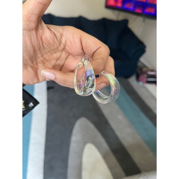 Chunky Clear Acrylic hoop earrings long white ice large holographic  iridescent - Picture 3 of 7